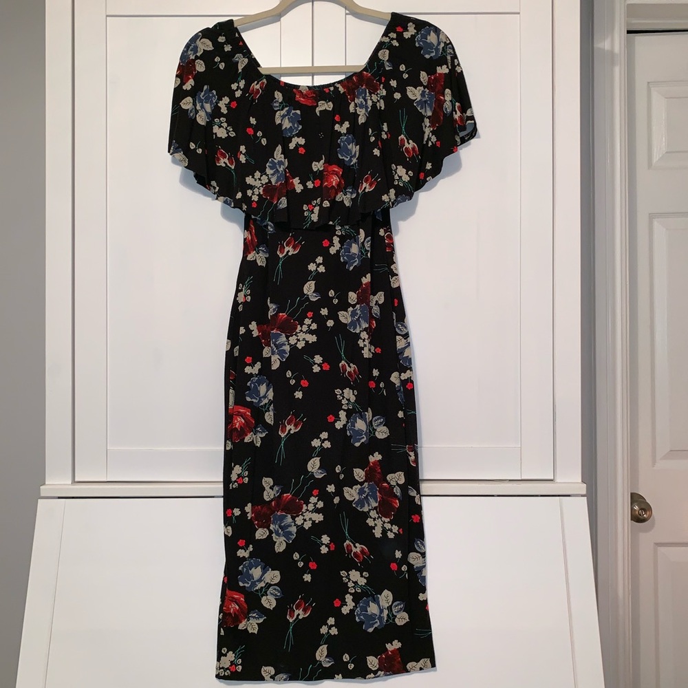 ASOS Black Floral Midi Dress with Red and Blue Blooms